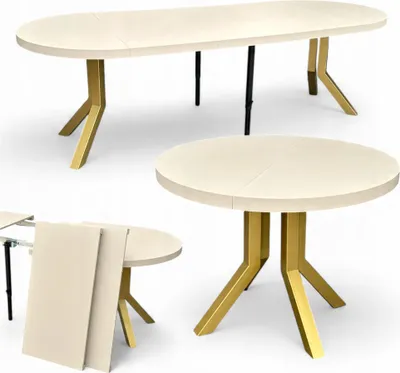 Produktbild von Großer runder ausziehbarer Tisch Ø110–310 cm KASCHMIR – Goldene Metallbeine X SLIM