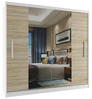 Image de BELINI Verona ME, armoire coulissante de 200 cm, blanc/chêne Sonoma mat - Armoire avec miroir et penderie, pour chambre