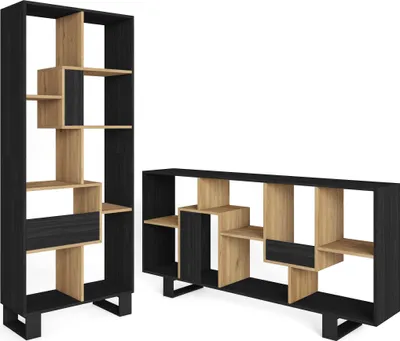 Two modern bookshelves with a black frame and wood-effect shelves, displayed against a white background.