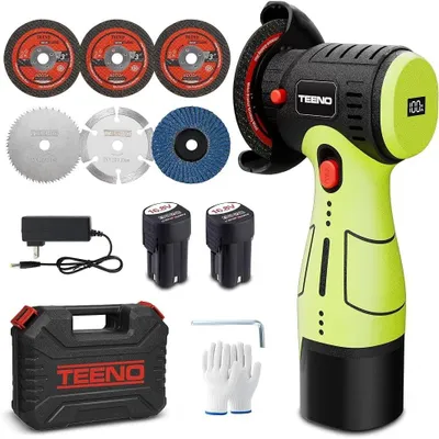 Produktbild von TEENO Akku-Winkelschleifer Bürstenlos 16,8V 76mm 19.500 U/min, 2 Akkus,800W Motor, LED-Display, 2x2000mAh Akkus, 6 Scheiben & Koffer. Schneiden.