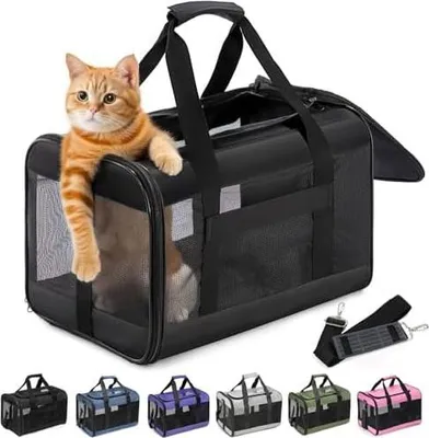 Produktbild von Katzenboxe Flugzeugtauglich, Weichseitige Hundetransportbox mit Innenleine, Transport für kleine bis mittelgroße Katzen und Welpen bis 7 kg, Zusammenklappbare Reisetasche -Schwarz,M