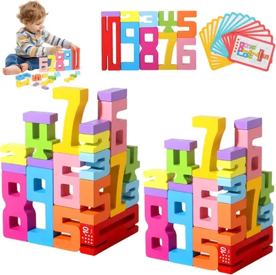 Immagine prodotto di 20 blocchi di legno a forma di numeri, giocattolo per bambini - Blocchi di costruzione in legno con i numeri da 1 a 0 - Giocattolo per impilare, set di puzzle a blocchi