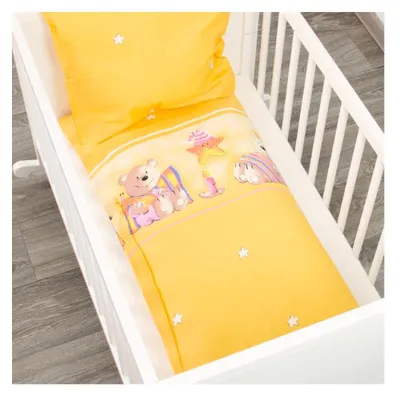 Produktbild von Alvi Baby Bettwäsche-Set 80x80 & 35x40 – „Bär mit Giraffe” – 100% Baumwolle – Gelb