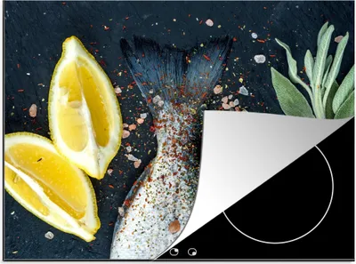 Produktbild von KitchenYeah© Herdabdeckplatte Fisch - Zitrone - Kräuter , 59x51cm, Küche Deko, Glaskeramikkochfeld Herdabdeckung, Abdeckplatte fùr Kochfeld
