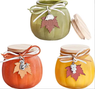 Produktbild von 3er Set kerzen im Glas, mit Holzdeckel. Vanille, Orange, weisser Tee