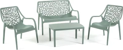 Image de Ensemble salon de jardin avec banc 2 places, 2 fauteuils et table en résine renforcée de fibres de verre - design moderne, robuste et imperméable, idéal pour le jardin, la terrasse et la véranda - MARATEA - Sauge