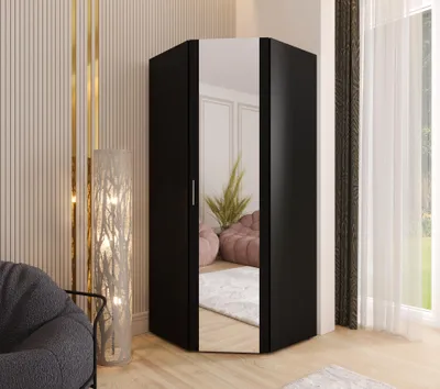 Produktbild von Eckkleiderschrank 192x80x46 cm Schwarz mit Spiegel – Moderner Kleiderschrank mit viel Stauraum für Schlafzimmer und Flur