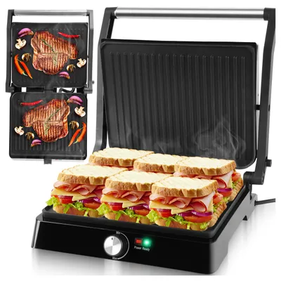 Produktbild von Elektrogrill Sandwichmaker Panini MalTec SM3000W Silber 2200W Teflonplatten Fettauffangschale aufklappbar 180 Grad zu öffnen, KI-generiertes Bild