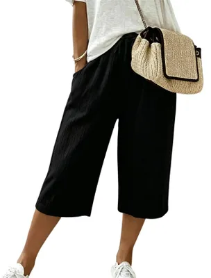 Produktbild von ASKSA Damen 3/4 Leinen Sommerhose Leicht Caprihose Bequeme Locker Hosen Freizeithose Strandhose mit Taschen Schwarz XL
