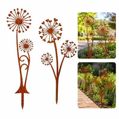 Produktbild von Edelrost Gartenstecker Pusteblume 2er Set, wetterfeste Metall Gartendeko, dekorative Gartenfiguren für Garten, Terrasse, Balkon & Blumenbeet