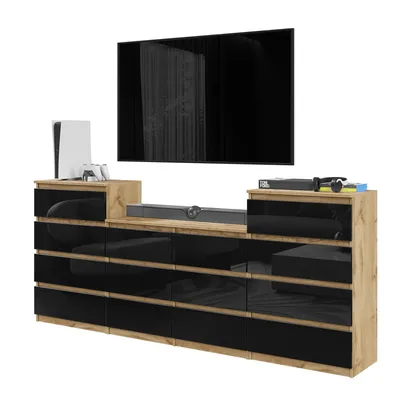 Produktbild von TV-Schrank / Kommode – 14 Schubladen, 220 cm – Wotan Eiche / Schwarz Hochglanz – modernes Möbelset für das Wohnzimmer