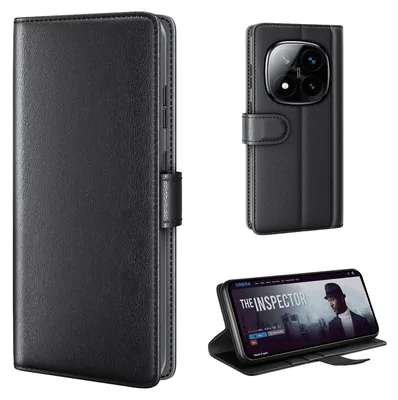 A collage of images showing a black leather flip phone case for a Xiaomi Redmi Note 14 Pro 5G, including a close-up of the case, the case with a phone inside, and the phone case acting as a stand.