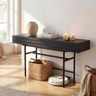 Produktbild von Sideboard Schwarz 160cm - Moderne Konsole mit 2 Schubladen im 3D-Streifen-Design - Industrie-Stil Anrichte mit Metallgestell - 160x40,5x80,5 cm
