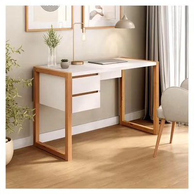 Produktbild von Schreibtisch Belinda mit zwei Schubladen in Weiß und Eiche – Tisch für das Home Office aus massivem Kiefernholz, modernes Design mit praktischem Stauraum