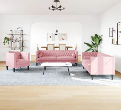 Produktbild von 3-tlg. Chesterfield-Sofa-Set mit Nackenrollen Rosa Samt