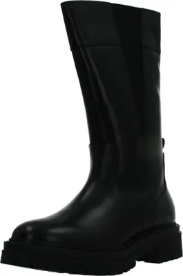 A black leather boot on a white background.
