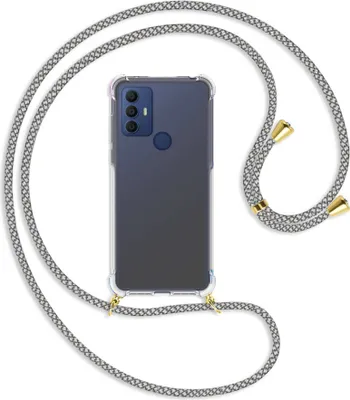 Produktbild von Handykette Backcover-Schutzhülle mit Band (Metall goldfarben) für TCL 30 SE, TCL 305, TCL 306 - weiß/grau kariert