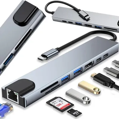 Obrázok produktu pre Verk 06331 USB-C HUB 8v1 - PD 100W, HDMI, RJ45, 2x USB-A, 1x USB-C, čítačka kariet