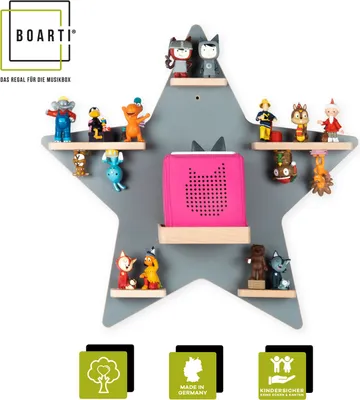 Produktbild von BOARTI Kinderregal Stern | hängend für Toniebox und Tonie Figuren | platzsparendes Regal | H. 55 x B. 52 x T. 19 cm | Wandregal für Musikbox und Figuren Aufbewahrung Magneteinsätzen | Aufbewahrungsregal Holz