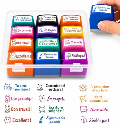 Produktbild von Stempelset für Französischlehrer, 12-teilig, bunte Motive, mit französischen Sprüchen