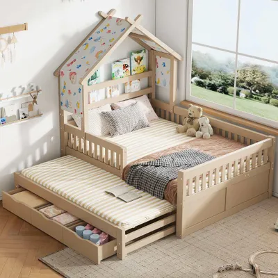 Produktbild von AIORBER Hausbett 140x200 Kinderbett mit Ausziehbett, 3 Schubladen und Rausfallschutz, Massivholz, Cremefarben