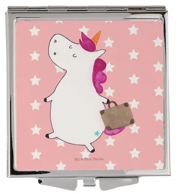 Produktbild von Mr. & Mrs. Panda Kleiner Spiegel Einhorn Koffer - Rot Pastell - Geschenk, Kosmetikspiegel, Schminkspiegel, Frauen, Taschenspiegel, Einhörner, klein, Erwachsen, Abenteuer