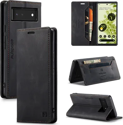 Produktbild von Google Pixel 6 Brieftasche Hülle, Retro Kunstledertasche Stand Schutzhülle für Google Pixel 6 Schwarz