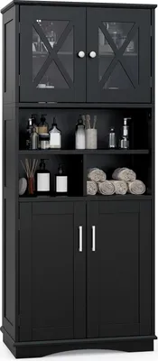 Produktbild von GOPLUS 145 cm Badezimmerschrank, freistehender Aufbewahrungsschrank mit Acryl-Türen und verstellbaren Regalen, 3 offene Fächer, Hochschrank für Küche