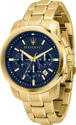 A close-up studio shot of a gold Maserati chronograph watch with a blue dial.