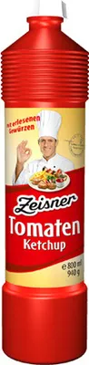 A bottle of Zeisner Tomaten Ketchup with a chef illustration.