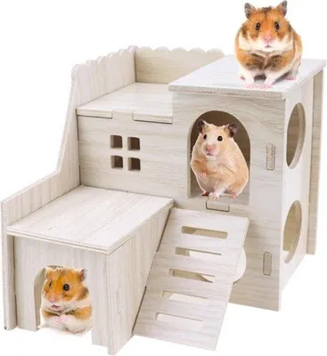 Productafbeelding van Famanu Hamsterhuis met accessoires - Hout, natuurlijke materialen, 15,5 x 14 x 14,5 cm