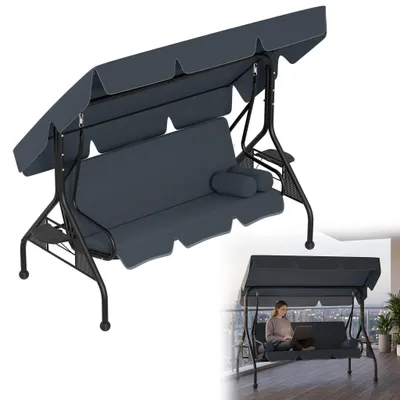 Image de XINZI Balançoire hollywoodienne 3 places avec toit pare-soleil, tables d'appoint et coussins, résistante aux intempéries, charge maximale de 350 kg, gris, 185 x 113 x 163 cm