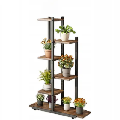 A multi-tiered plant stand filled with various potted plants.