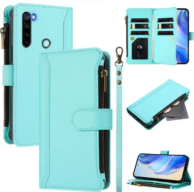 Produktbild von Handyhülle für Xiaomi Redmi Note 8 Reißverschluss Geldbörse Kunstleder Klapphülle mit Kartensteckplatz, Ständer, Handschlaufe Türkis