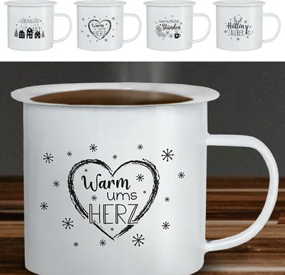 Produktbild von Kaffeebecher 4er Set 'Winter' 13x9cm Metall Winter-Motive Becher Tasse 450 ml Teetasse Henkelbecher