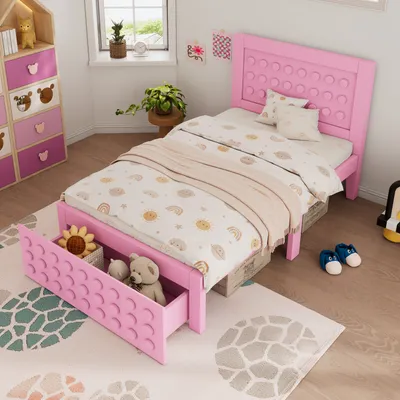 A child's bedroom with a pink bed, dresser, and rug.
