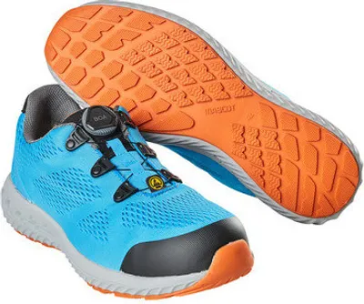 A pair of blue safety shoes with orange soles, shown from a slightly elevated angle.