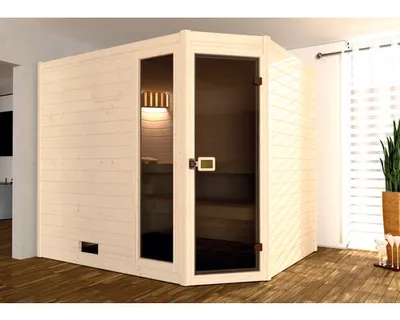 Produktbild von Massivholzsauna Weka Valida Eck GTF Gr.3 inkl. 9 kW Ofen u.integr.Steuerung mit Fenster und Ganzglastüre aus Klarglas