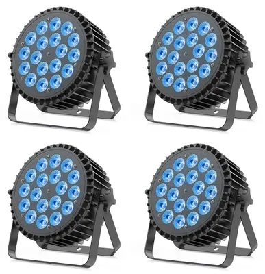 Zdjęcie produktu dla Zestaw 4 reflektorów LED PAR - oświetlenie sceniczne i dyskotekowe DMX512 - 18 diod RGBWA+UV 6w1, 8W - 200W - 7/10 kanałów - napięcie 90–240V AC - wtyczka EU