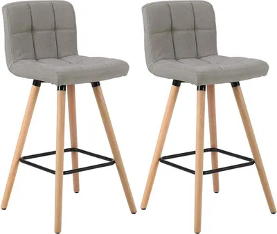 Image de Tabourets de bar – Gris – Lin – Ergonomiques – Avec dossier et repose-pieds – Hauteur d'assise 70 cm – Lot de 2 – Structure en bois massif – Patins antidérapants
