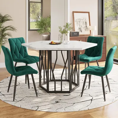 Productafbeelding van Sweiko Eettafel- en stoelset (5-delig), moderne hexagonale marmeren eettafel + 4 eetkamerstoelen van groen fluweel, om een warme en moderne sfeer te creëren