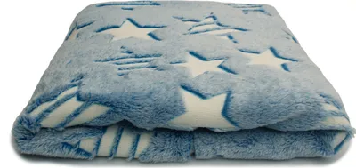 Produktbild von Minky-Plüsch leuchtet im Dunkeln, Sterne auf blauem 50 x 160 cm
