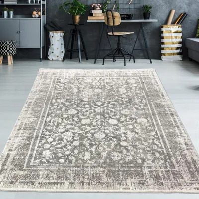 Produktbild von Wollteppich Orintalisches Design Grau Vintage glänzend edel für Wohnzimmer Schlafzimmer Größe - 200 x 290 cm