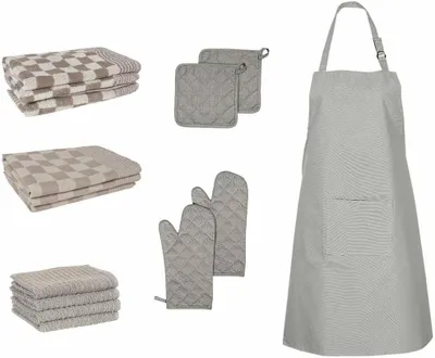 Produktbild von Handtuch-Set, 15-teilig, mit Ofenhandschuhen und Topflappen aus Baumwolle in Grau
