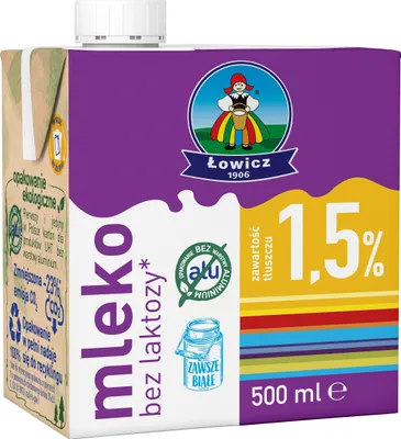 Zdjęcie produktu dla Mleko Łowickie Krowie Bez Laktozy 0,5 l UHT w Kartonie 1,5 % 500 ml Łowicz