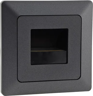 A close-up, front-facing view of a dark gray square LED recessed light fixture.