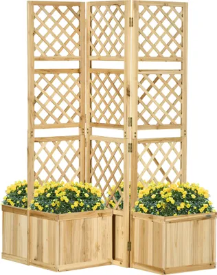 Produktbild von Podwyższona grządka Outsunny ze składaną kratką, skrzynka do sadzenia z ekranem zapewniającym prywatność, przegroda pokojowa 133 x 165 cm z 4 skrzynkami na kwiaty, przegroda pokojowa na balkon, drewno jodłowe