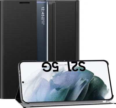 A black flip case for a Samsung Galaxy S21 5G phone is shown, with the phone's screen displaying the text 'S21 5G'.