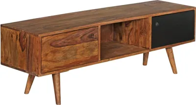 Produktbild von TV Lowboard REPA 140 cm Massiv-Holz Sheesham Landhaus 2 Türen & Fach, HiFi Regal braun / schwarz 4 Füße, Fernseher Kommode Vintage
