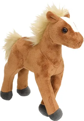 A plush toy horse standing on a white background.